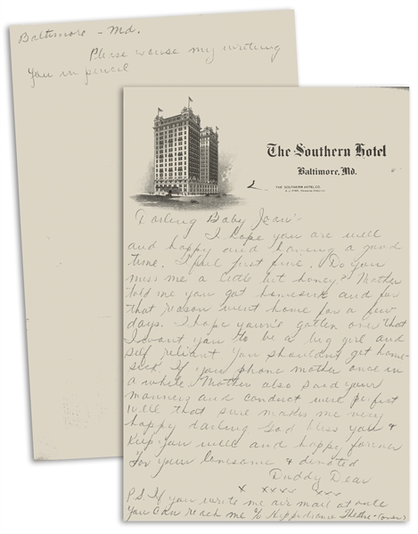 How Howard Autograph Letter Signed ''Daddy Dear'' to His Daughter -- From the 1930s on Baltimore Hotel Stationery -- Single Sheet in Pencil Measures 6'' x 9.25'' -- Near Fine
